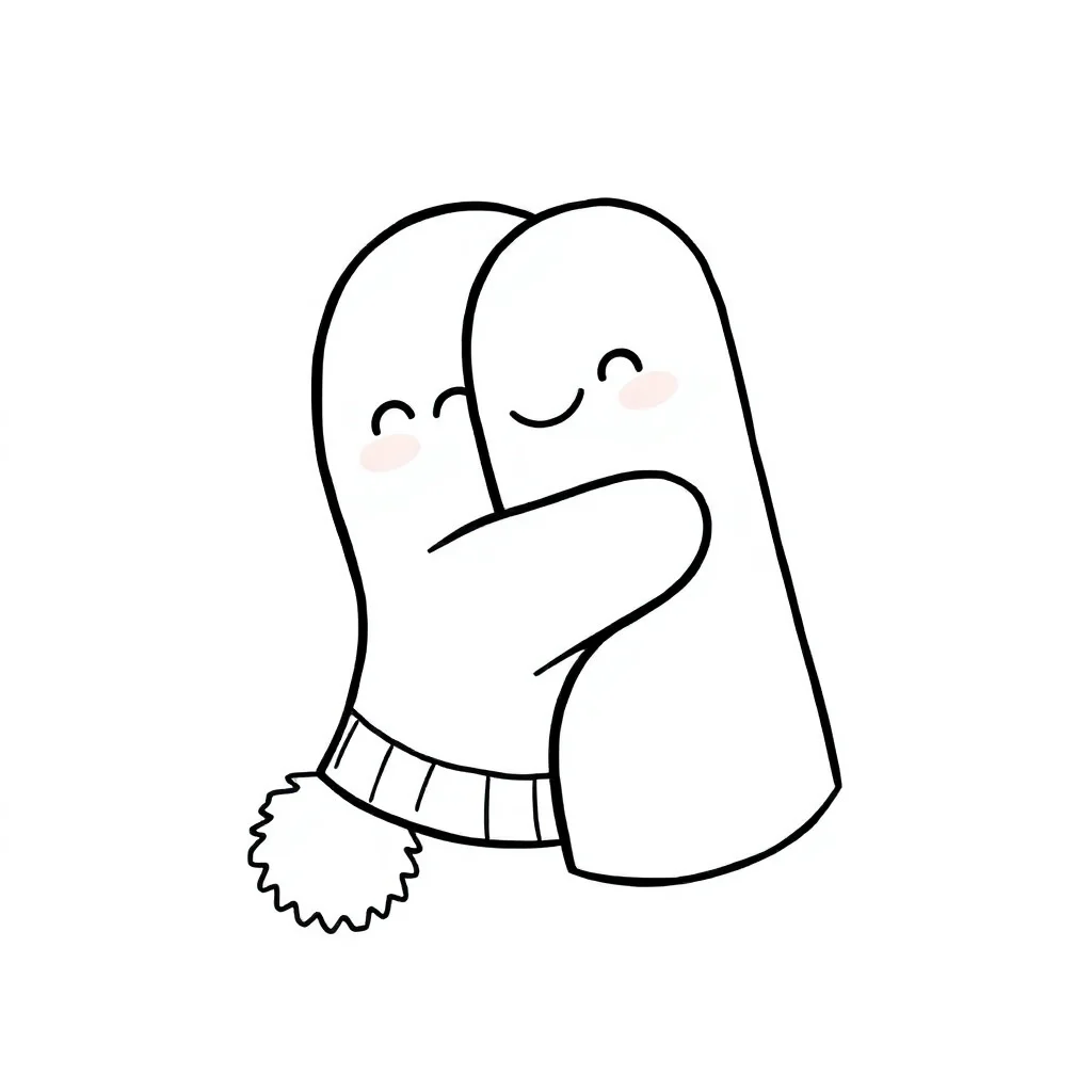 Winter a mitten hugging a friend — easy winter coloring page (ages 2–5)