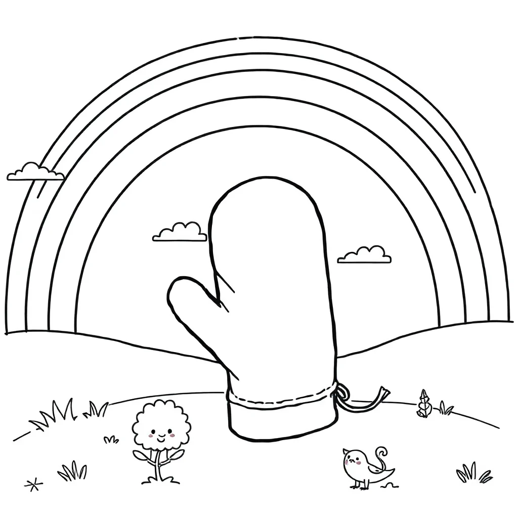 Winter a mitten under a rainbow — classic winter coloring page (ages 5–10)
