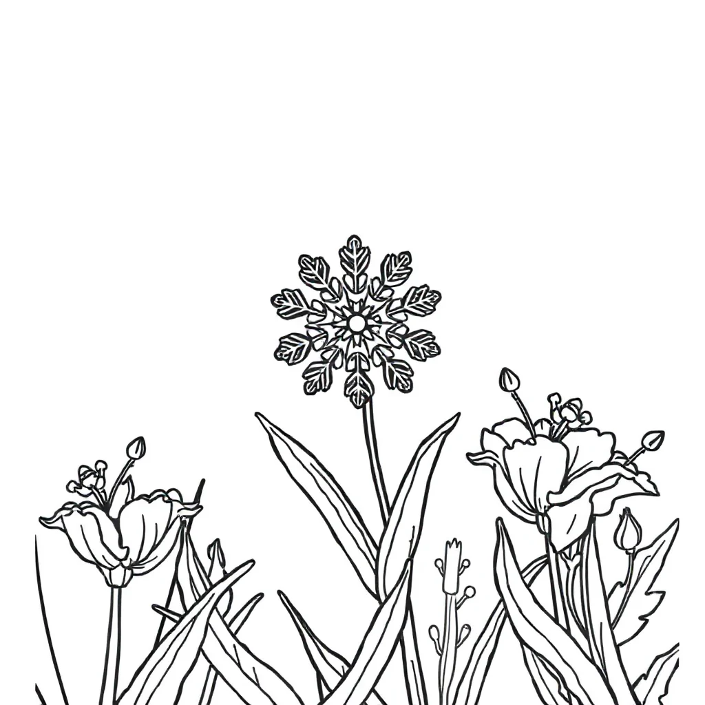 Winter a snowflake in a flower garden — classic winter coloring page (ages 5–10)