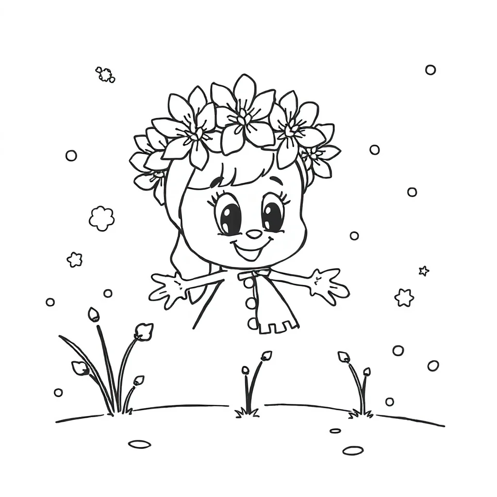 Winter a snowflake wearing a flower crown — classic winter coloring page (ages 5–10)