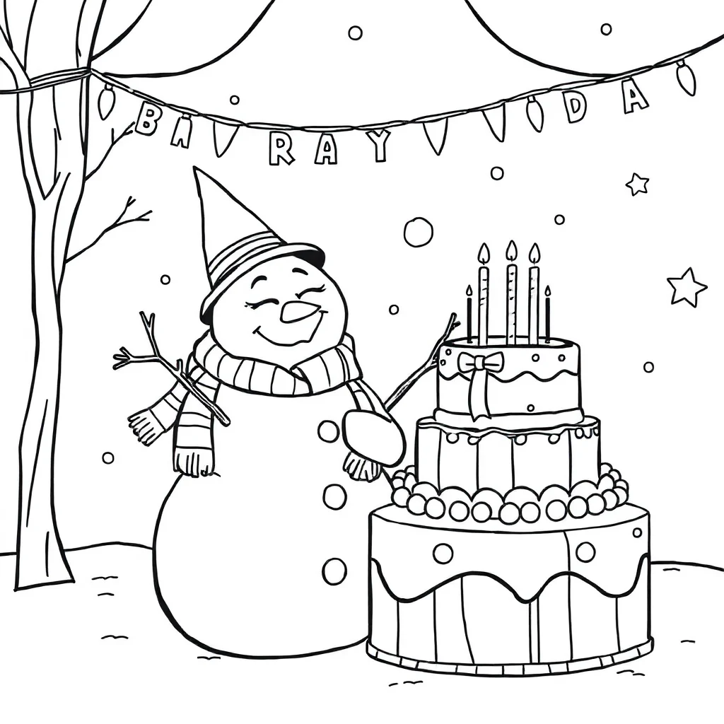 Winter a snowman celebrating a birthday — classic winter coloring page (ages 5–10)