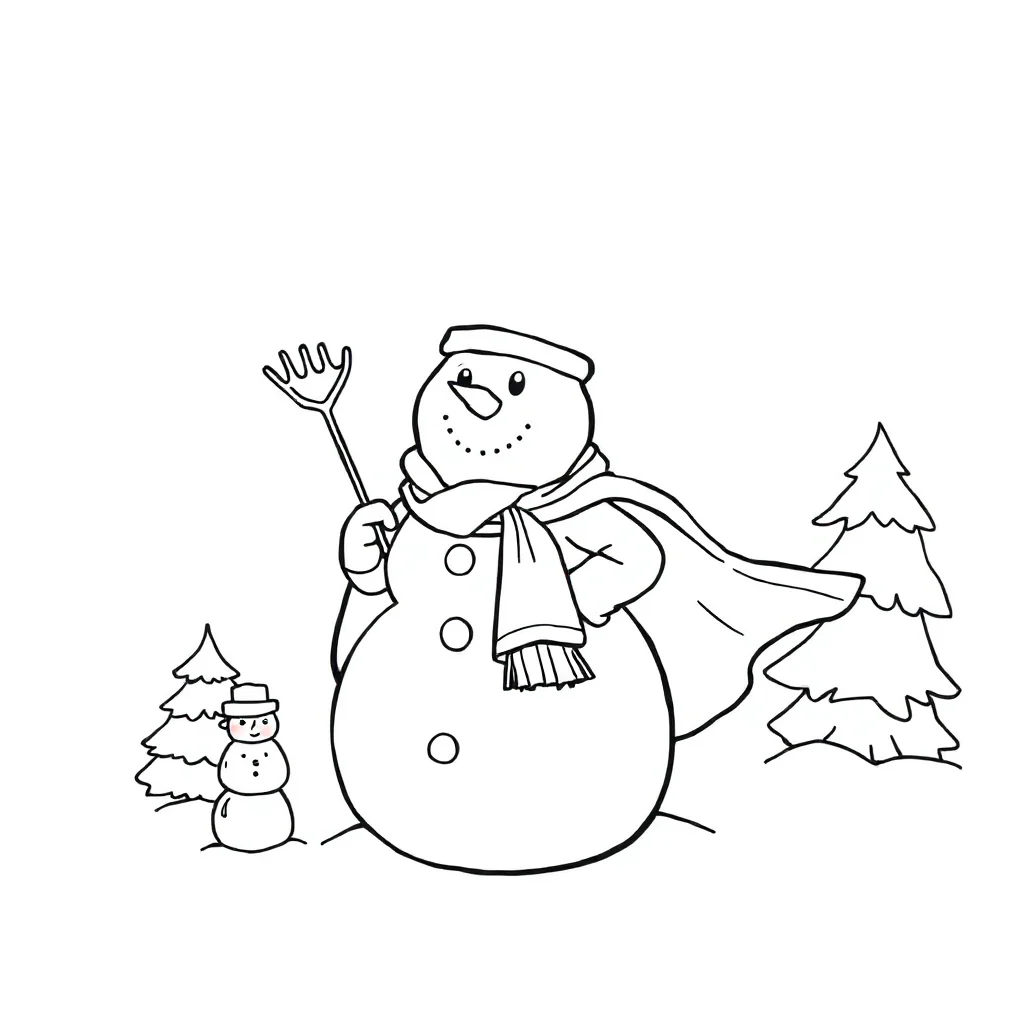 Winter a snowman in a superhero cape — classic winter coloring page (ages 5–10)