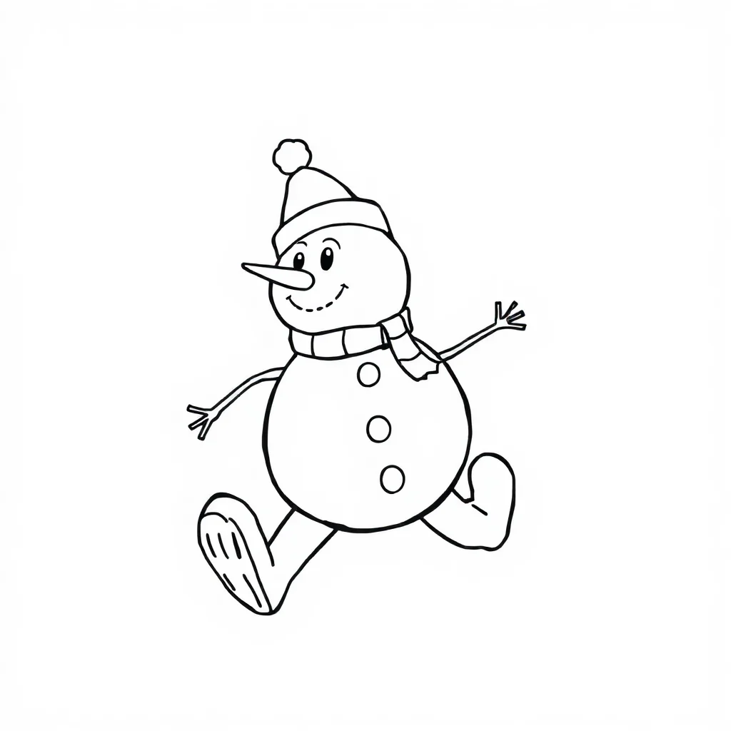Winter a snowman running — easy winter coloring page (ages 2–5)
