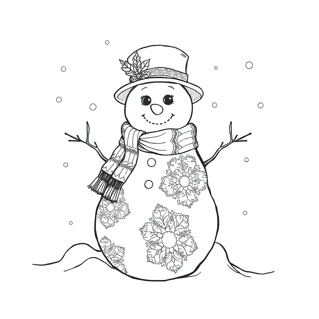 Winter a snowman sitting — detailed winter coloring page (ages 9+ & adults)