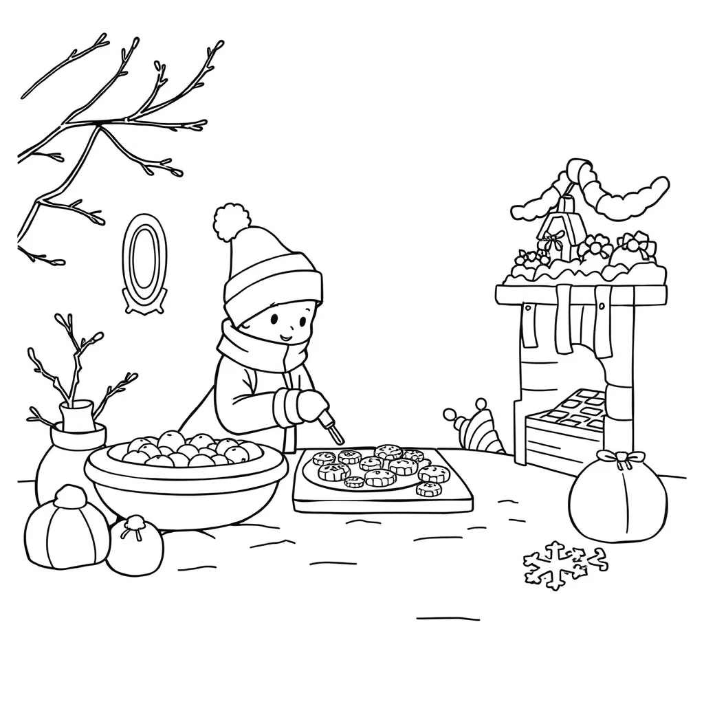Winter a snowy scene baking cookies — classic winter coloring page (ages 5–10)