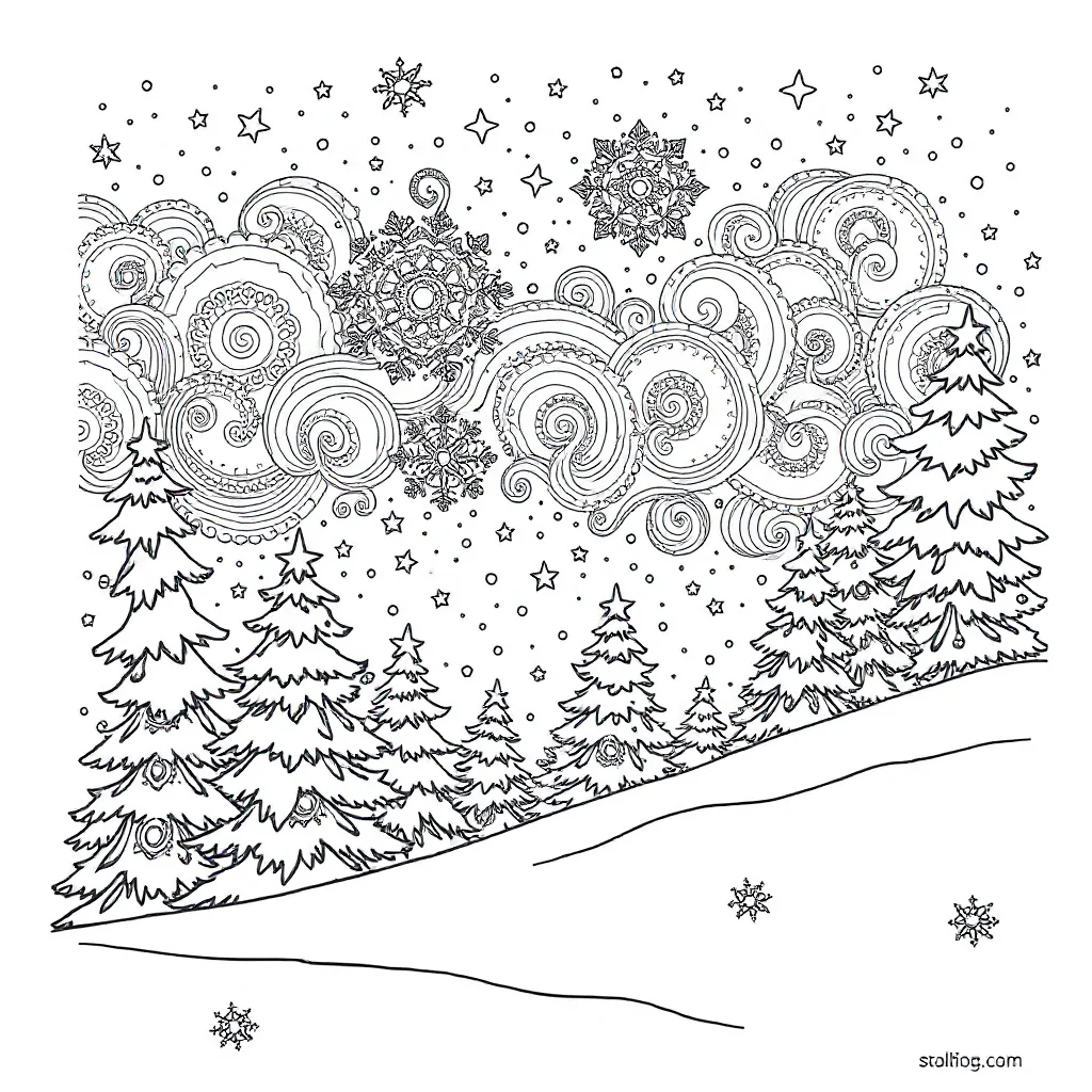 Winter a snowy scene under the night sky with stars — detailed winter coloring page (ages 9+ & adults)
