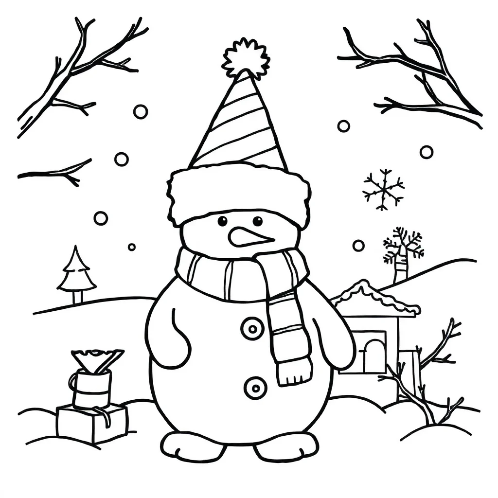 Winter a snowy scene wearing a party hat — classic winter coloring page (ages 5–10)