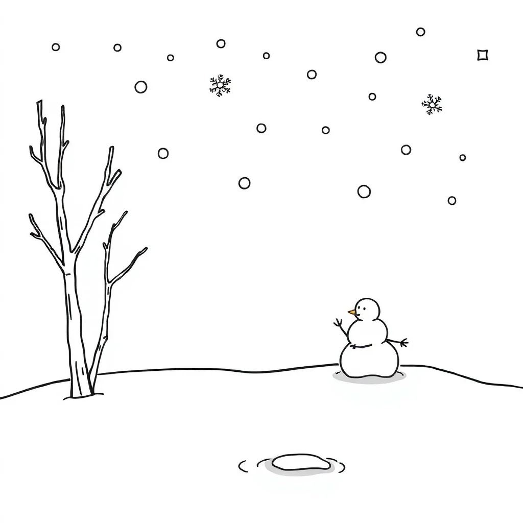 Winter a snowy scene — easy winter coloring page (ages 2–5)