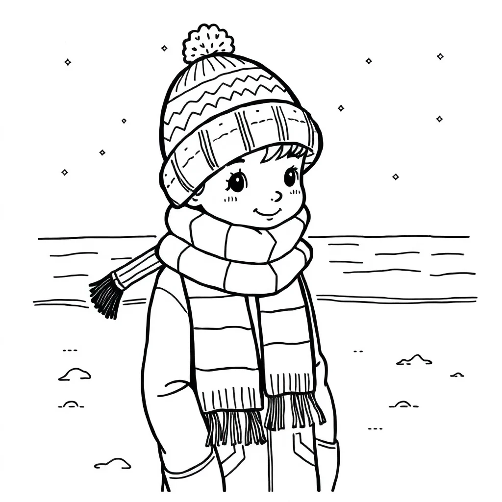 Winter a winter hat and scarf on the beach — classic winter coloring page (ages 5–10)