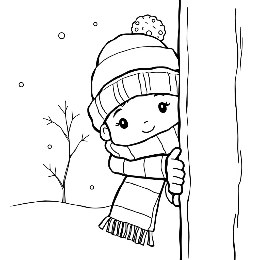 Winter a winter hat and scarf peeking from behind something — classic winter coloring page (ages 5–10)