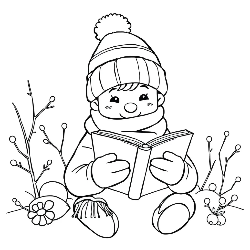 Winter a winter hat and scarf reading a book — classic winter coloring page (ages 5–10)
