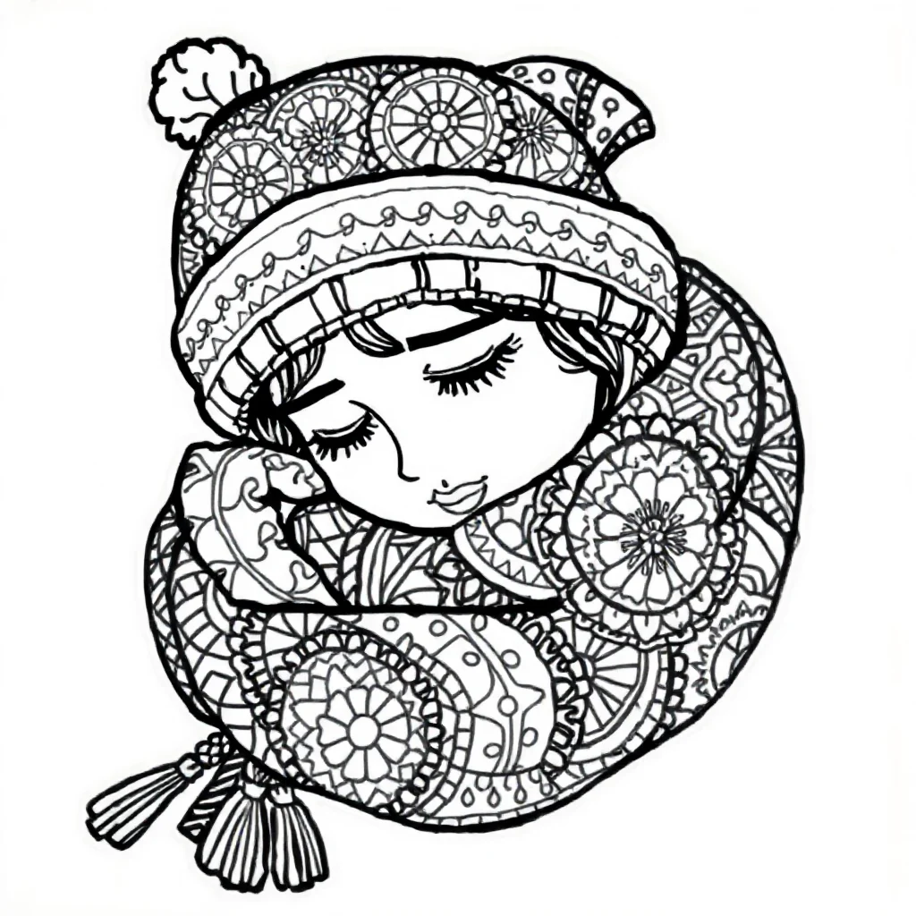 Winter a winter hat and scarf sleeping curled up — detailed winter coloring page (ages 9+ & adults)