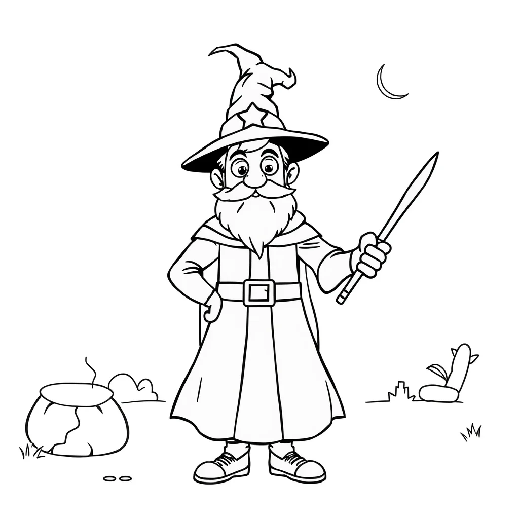 Wizards a friendly wizard in a superhero cape — classic wizards coloring page (ages 5–10)