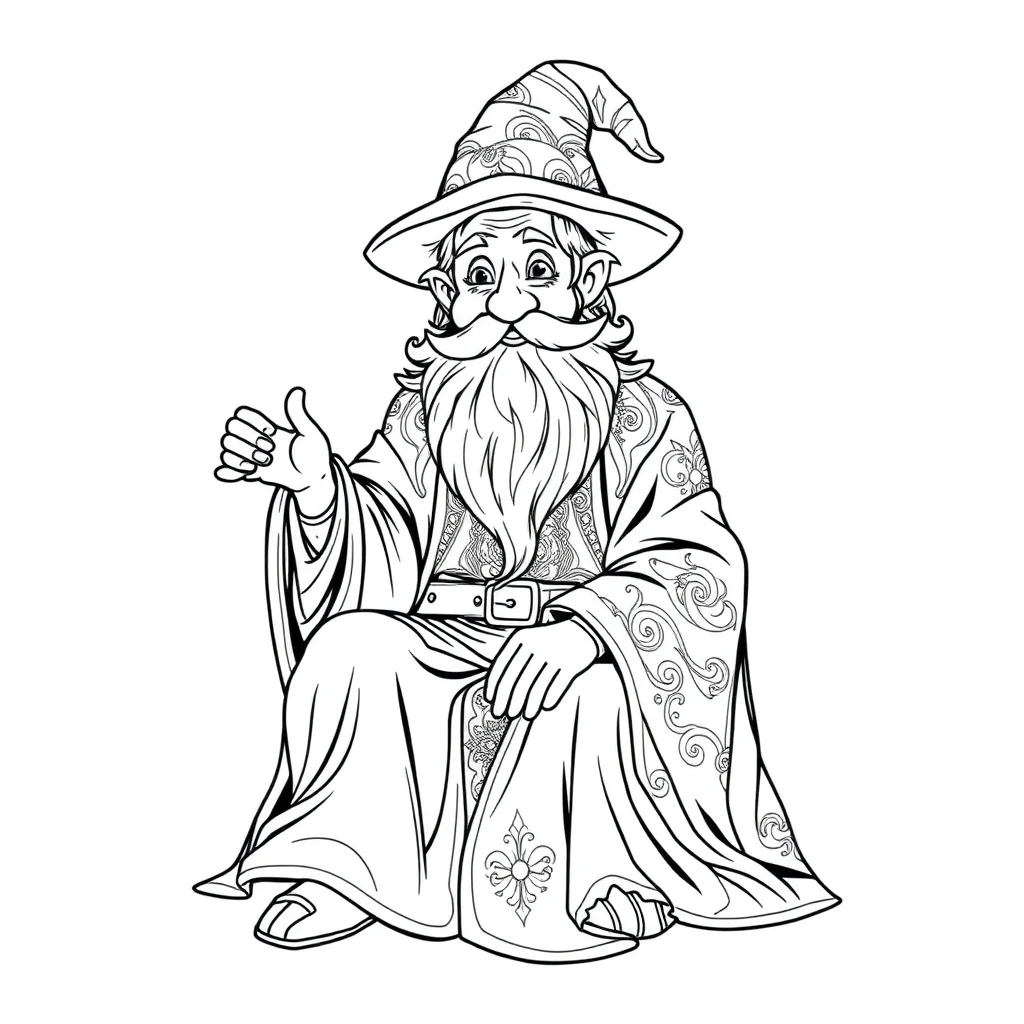 Wizards a friendly wizard sitting — detailed wizards coloring page (ages 9+ & adults)