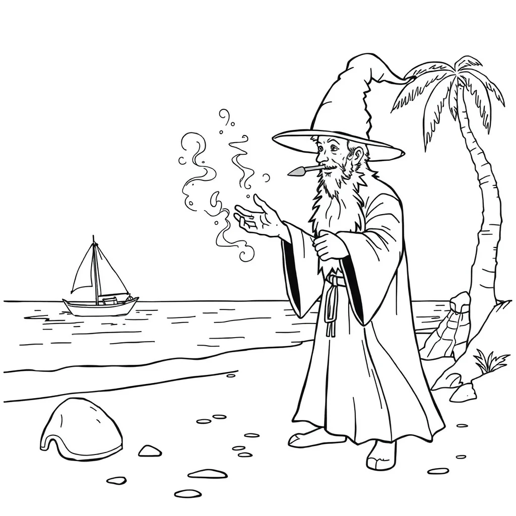 Wizards a wizard casting a spell on the beach — classic wizards coloring page (ages 5–10)