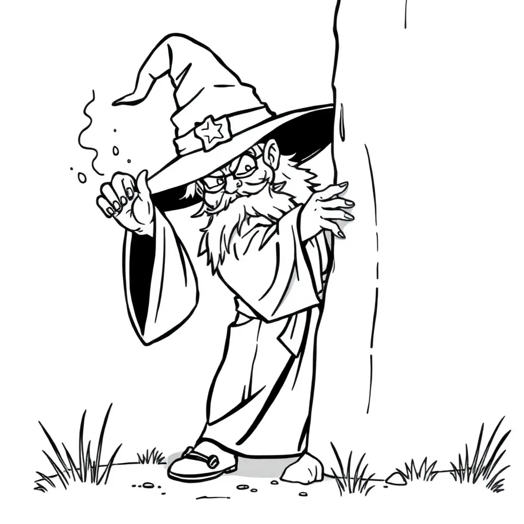 Wizards a wizard casting a spell peeking from behind something — classic wizards coloring page (ages 5–10)