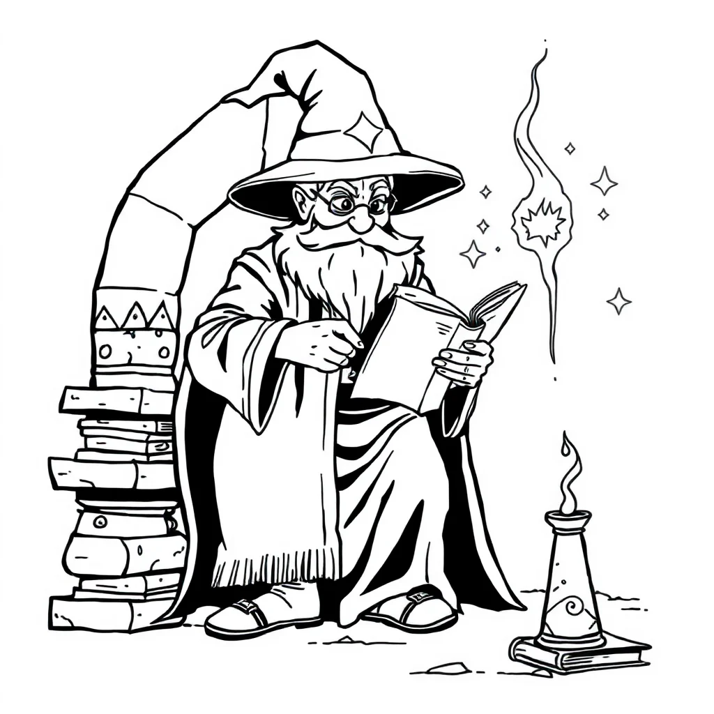 Wizards a wizard casting a spell reading a book — classic wizards coloring page (ages 5–10)