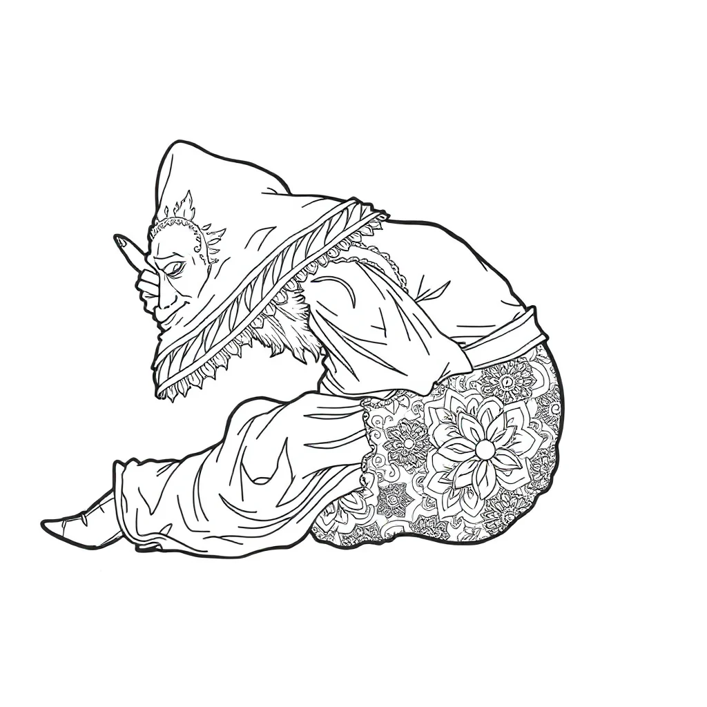 Wizards a wizard casting a spell sleeping curled up — detailed wizards coloring page (ages 9+ & adults)