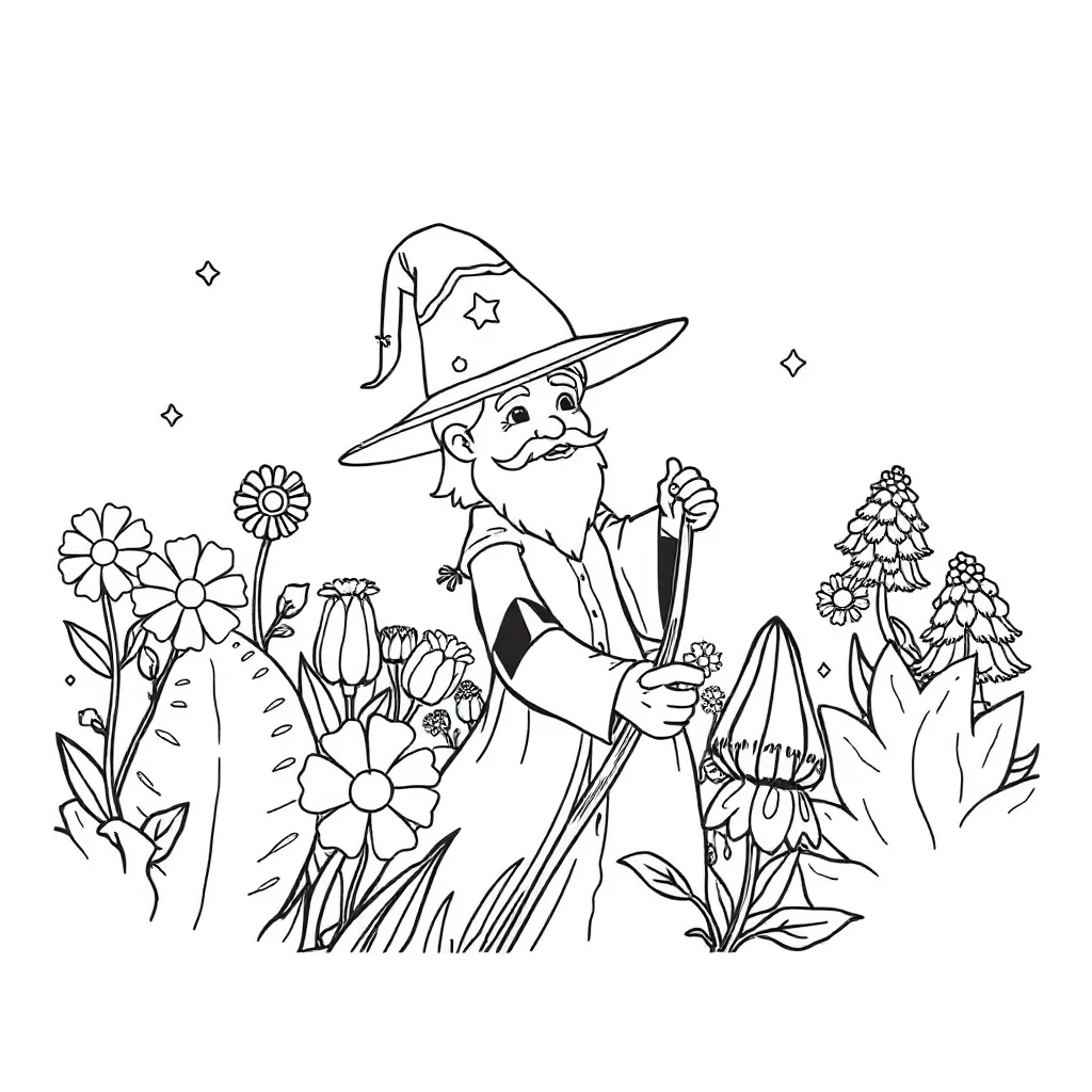 Wizards a wizard with a hat in a flower garden — classic wizards coloring page (ages 5–10)