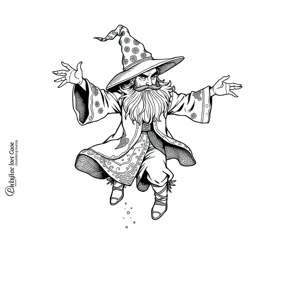 Wizards a wizard with a hat leaping mid air — detailed wizards coloring page (ages 9+ & adults)