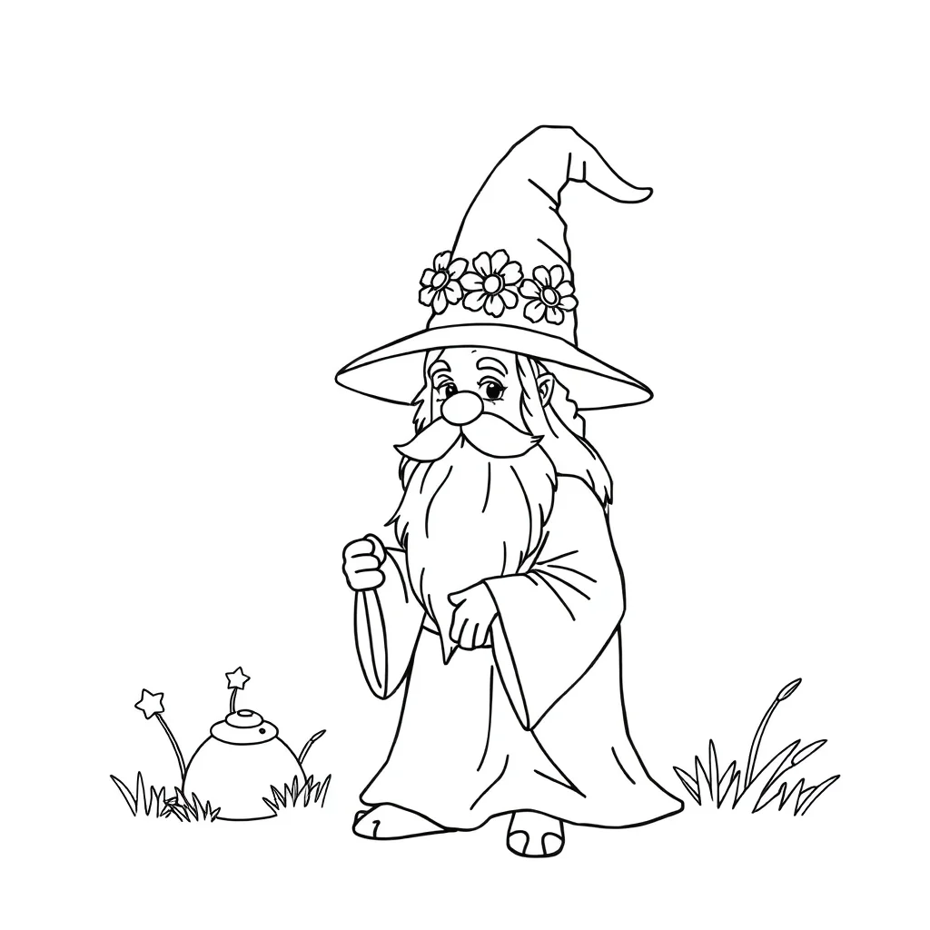 Wizards a wizard with a hat wearing a flower crown — classic wizards coloring page (ages 5–10)