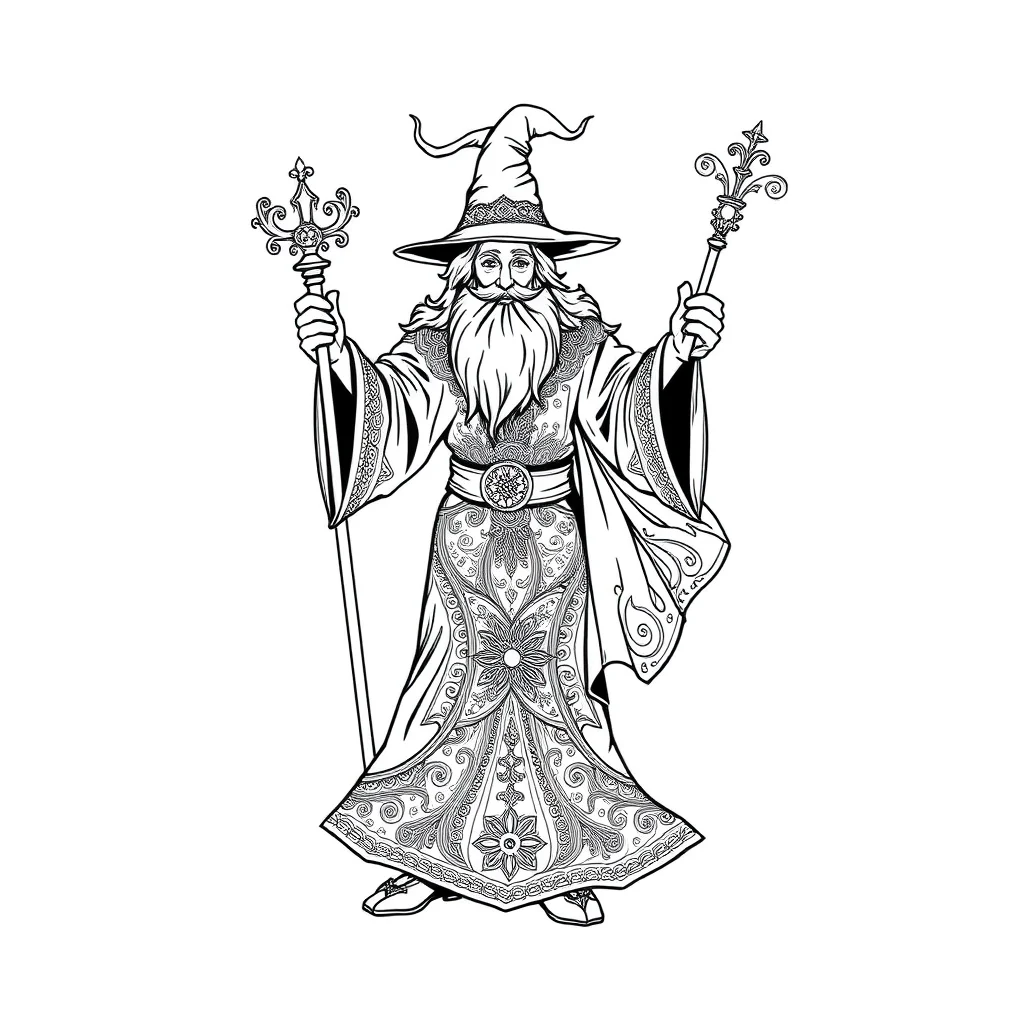 Wizards a wizard with a staff dancing — detailed wizards coloring page (ages 9+ & adults)