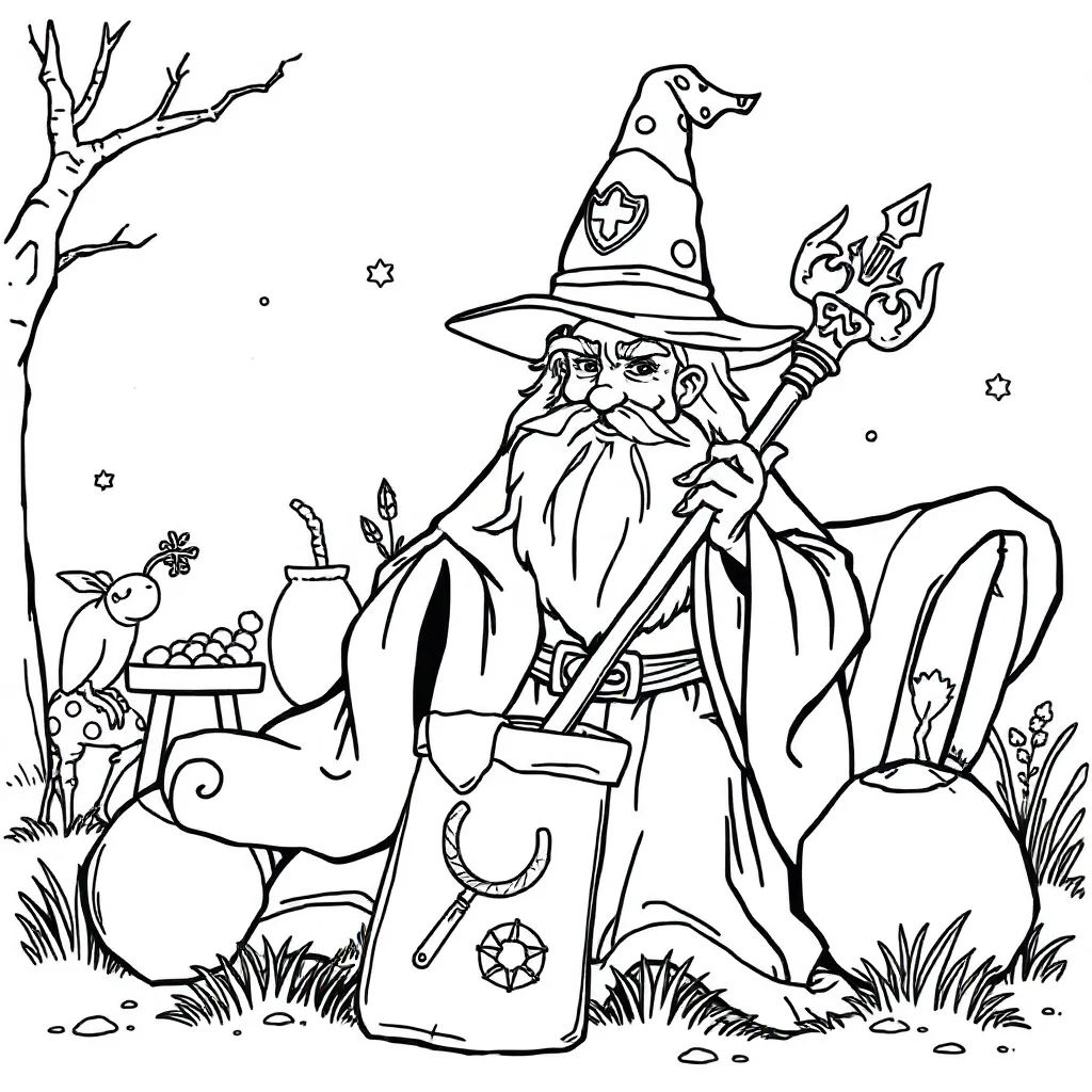 Wizards a wizard with a staff having a picnic — classic wizards coloring page (ages 5–10)