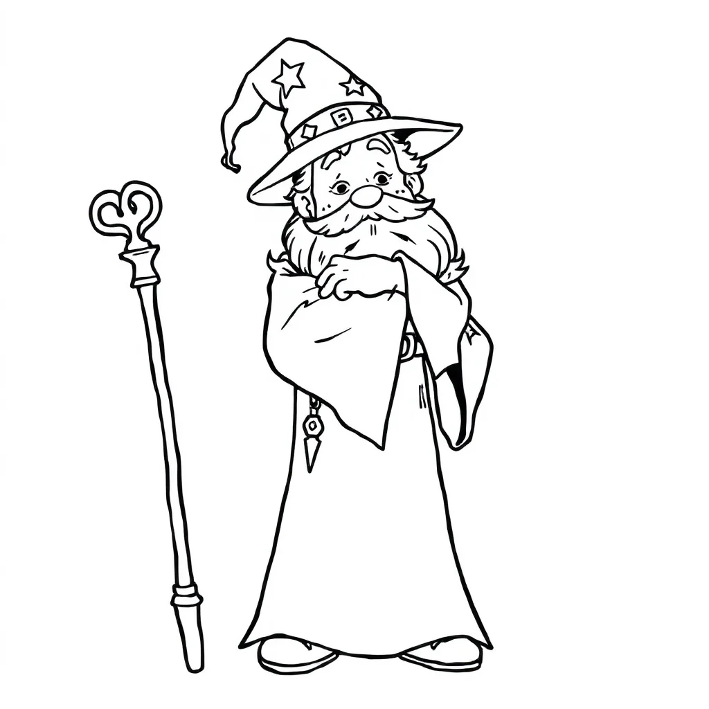 Wizards a wizard with a staff hugging a friend — easy wizards coloring page (ages 2–5)