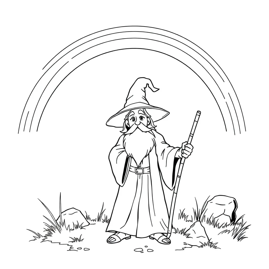Wizards a wizard with a staff under a rainbow — classic wizards coloring page (ages 5–10)