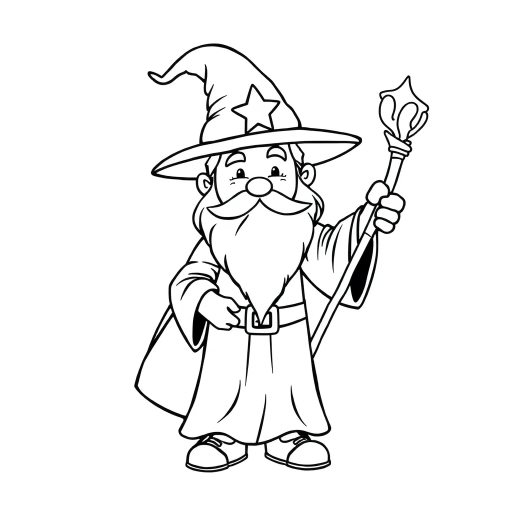 Wizards a wizard with a staff — easy wizards coloring page (ages 2–5)