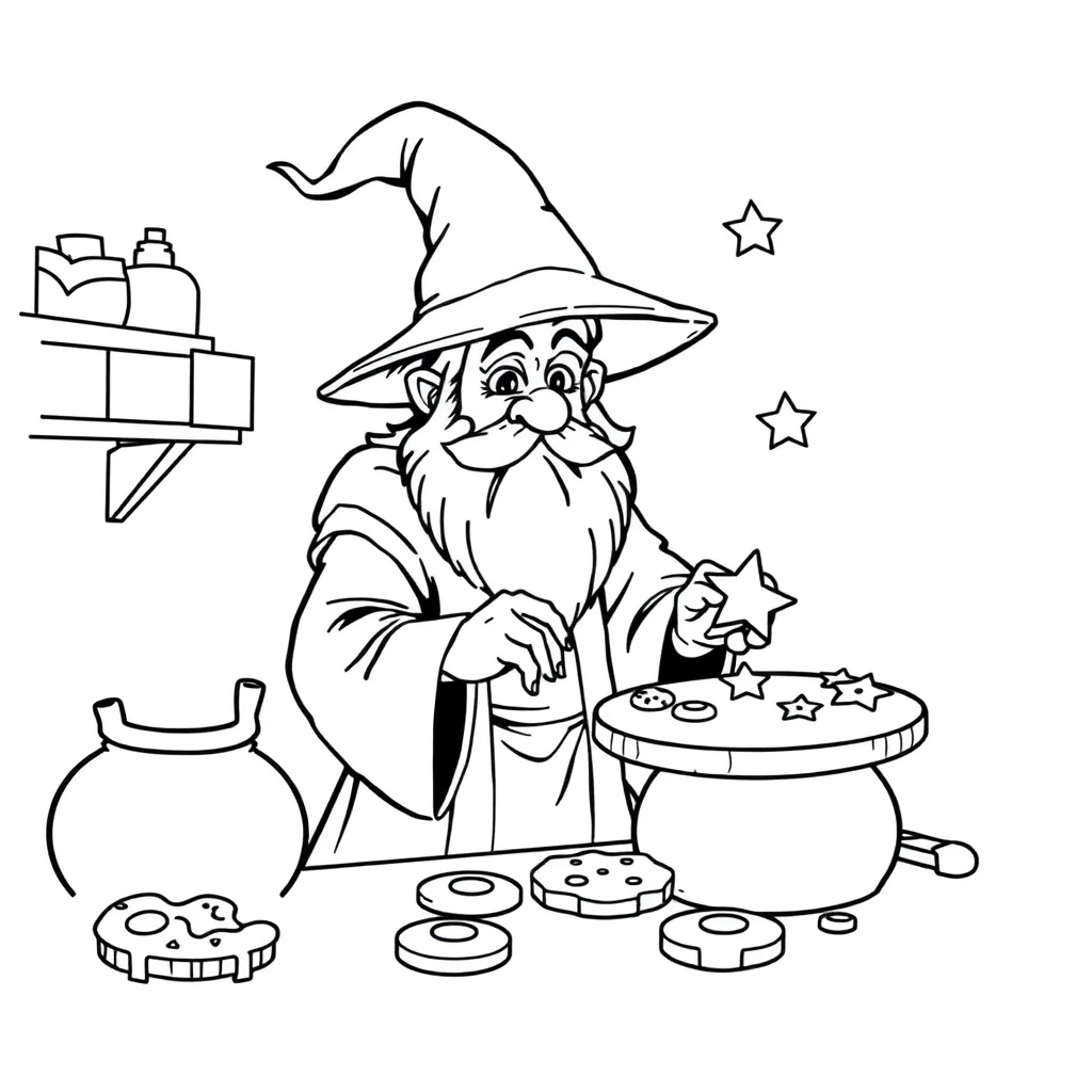Wizards a wizard with stars baking cookies — classic wizards coloring page (ages 5–10)
