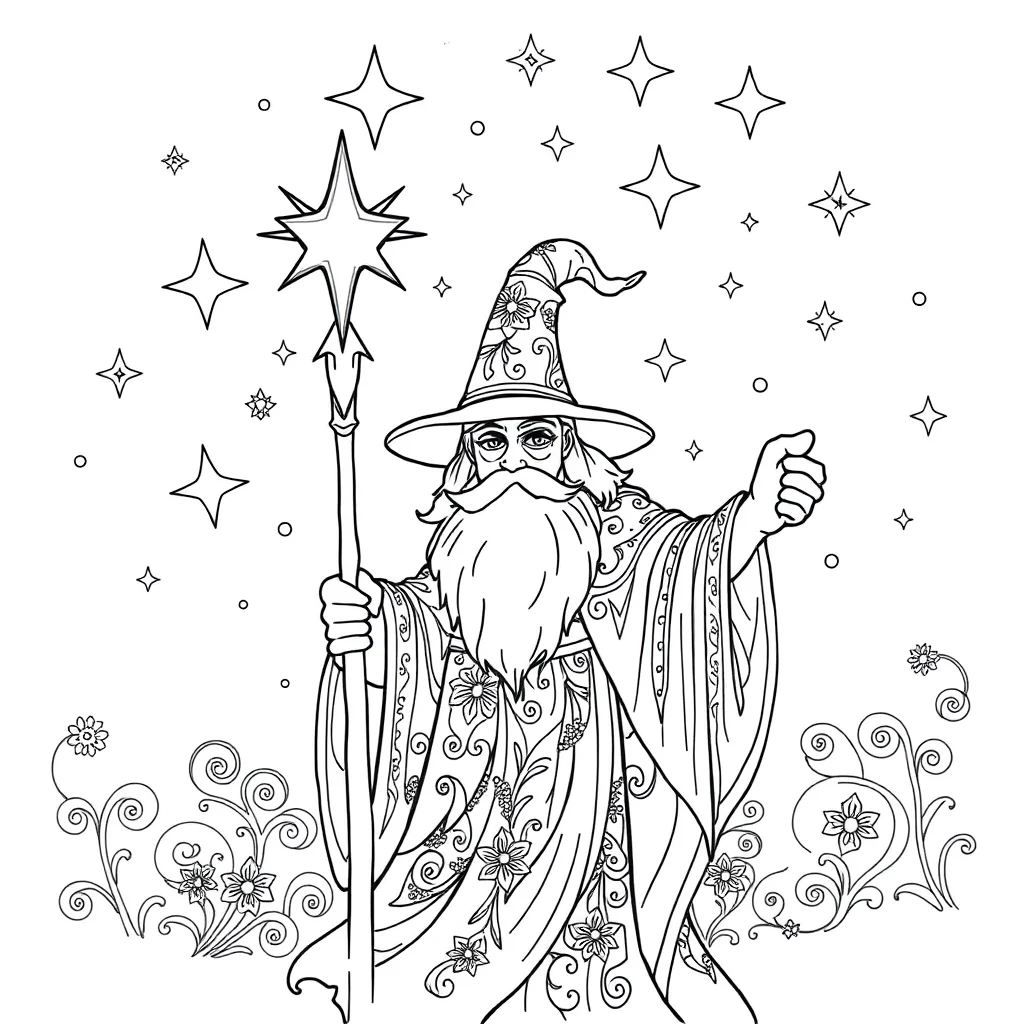 Wizards a wizard with stars under the night sky with stars — detailed wizards coloring page (ages 9+ & adults)