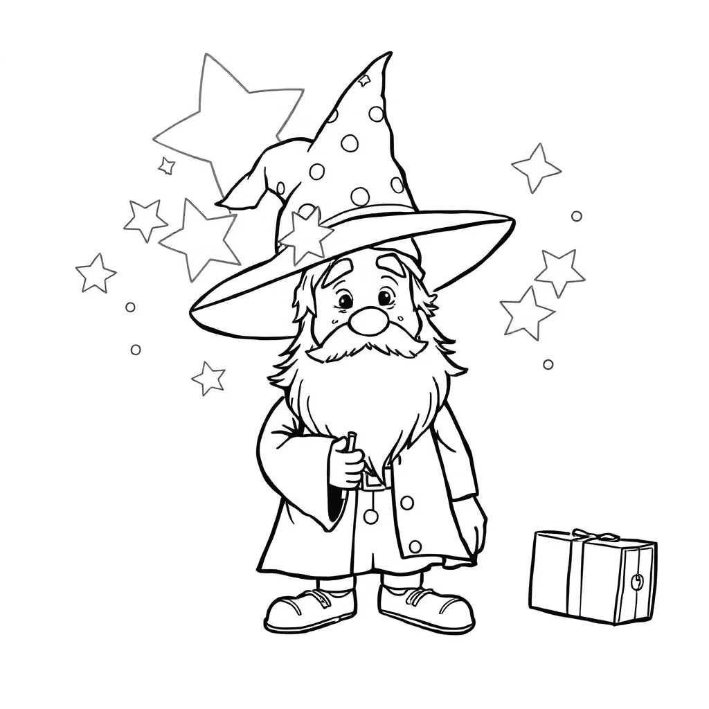 Wizards a wizard with stars wearing a party hat — classic wizards coloring page (ages 5–10)