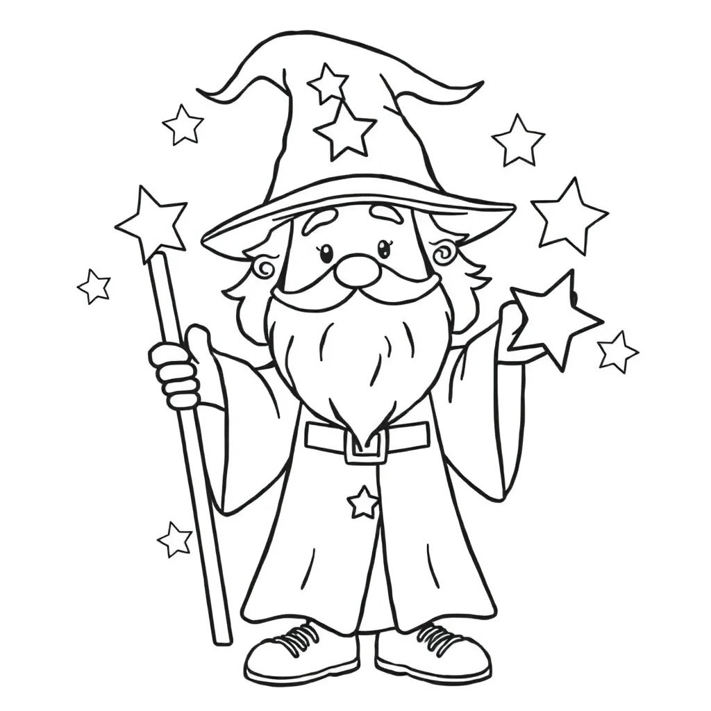 Wizards a wizard with stars — easy wizards coloring page (ages 2–5)