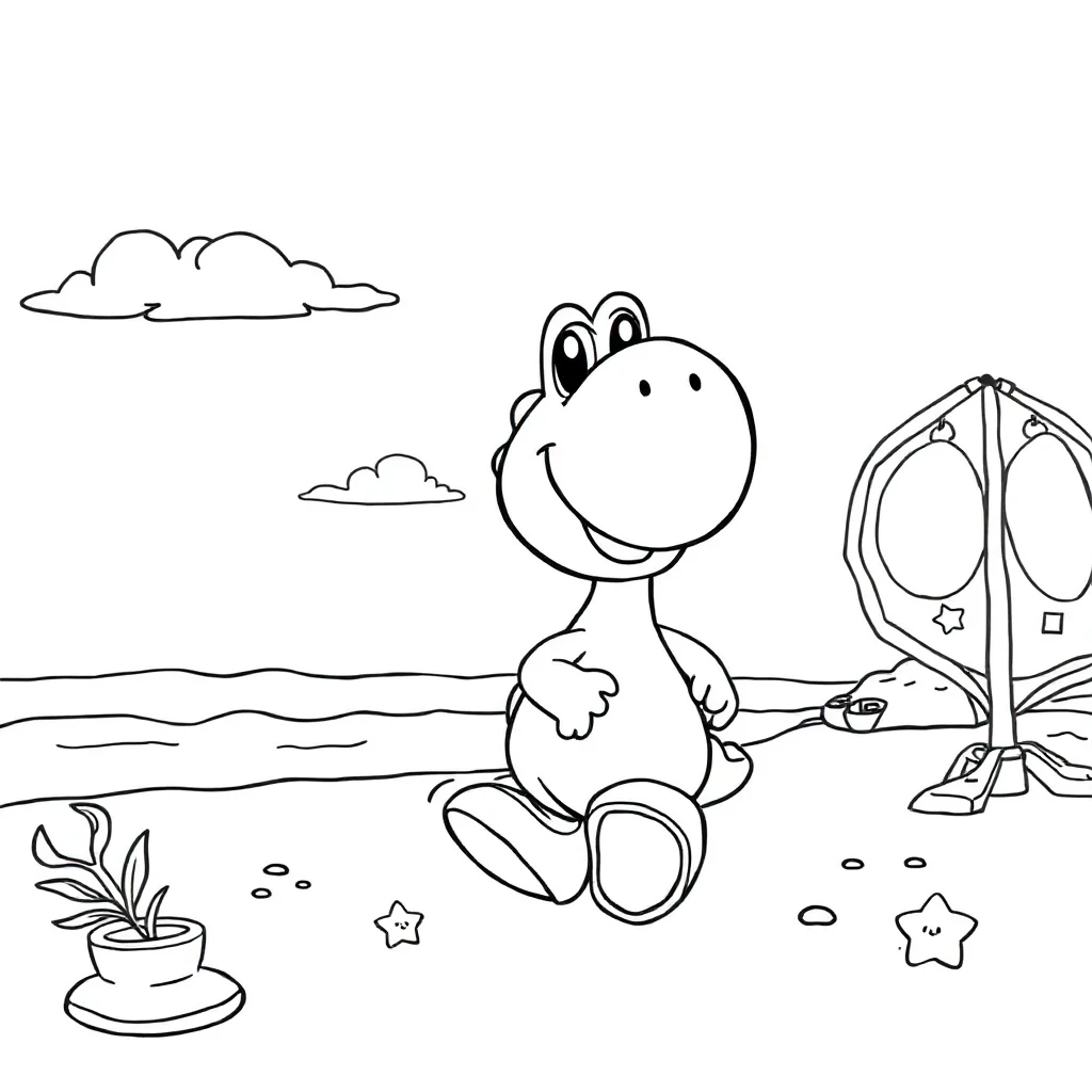 Yoshi a chibi yoshi smiling on the beach — classic yoshi coloring page (ages 5–10)