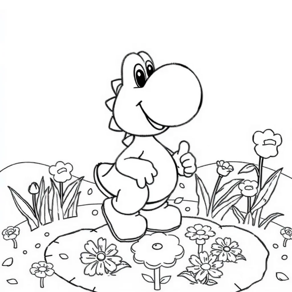 Yoshi cute yoshi standing in a flower garden — classic yoshi coloring page (ages 5–10)