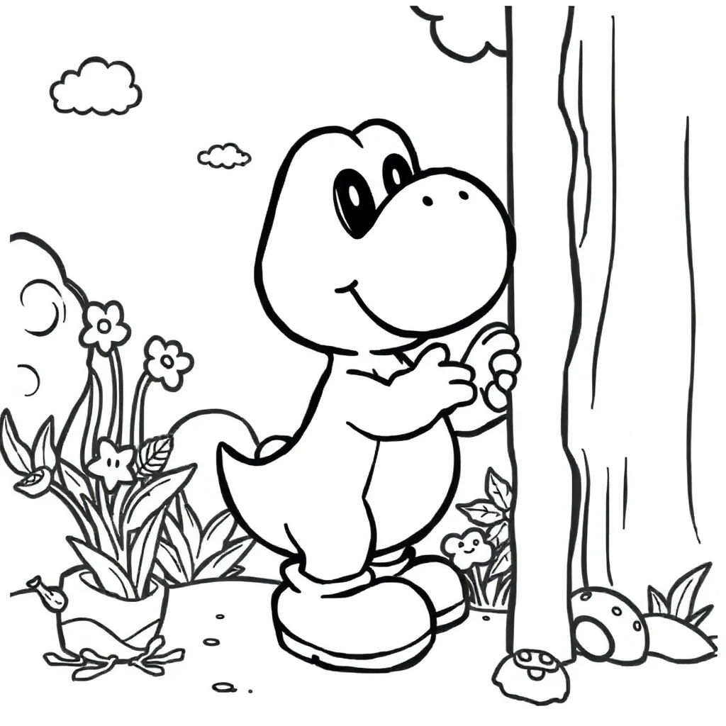 Yoshi cute yoshi standing peeking from behind something — classic yoshi coloring page (ages 5–10)