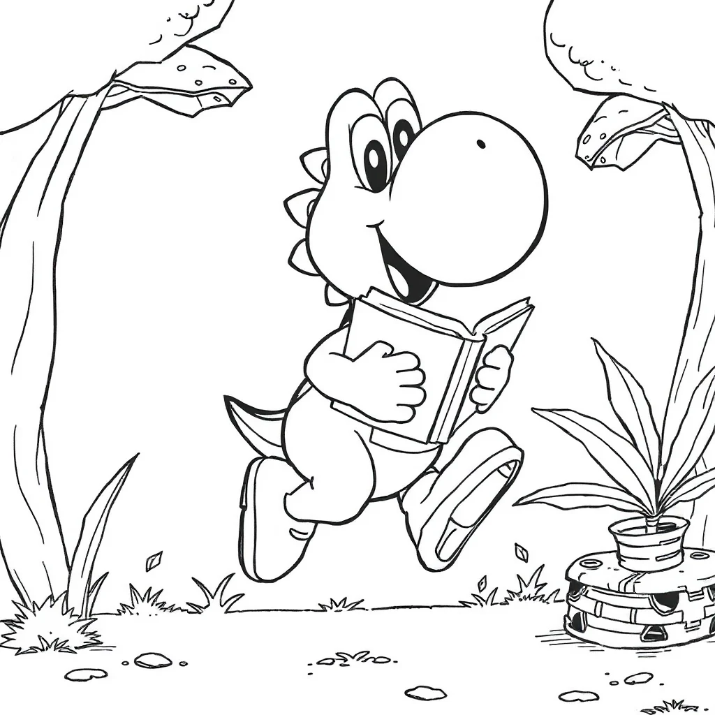 Yoshi yoshi jumping reading a book — classic yoshi coloring page (ages 5–10)
