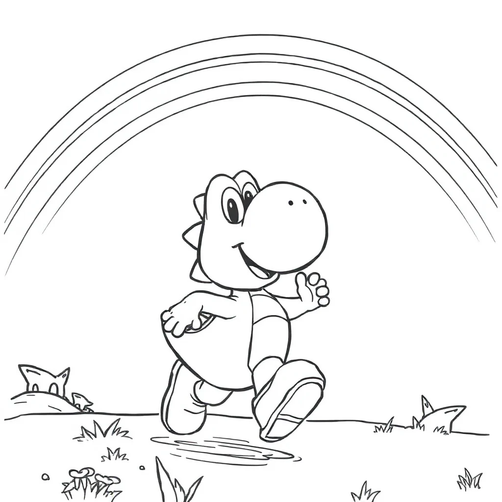 Yoshi yoshi running happily under a rainbow — classic yoshi coloring page (ages 5–10)