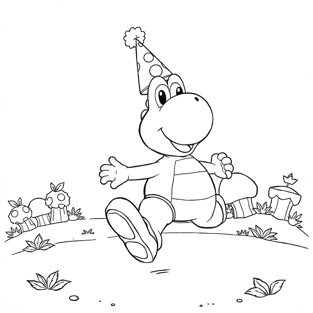 Yoshi yoshi running happily wearing a party hat — classic yoshi coloring page (ages 5–10)