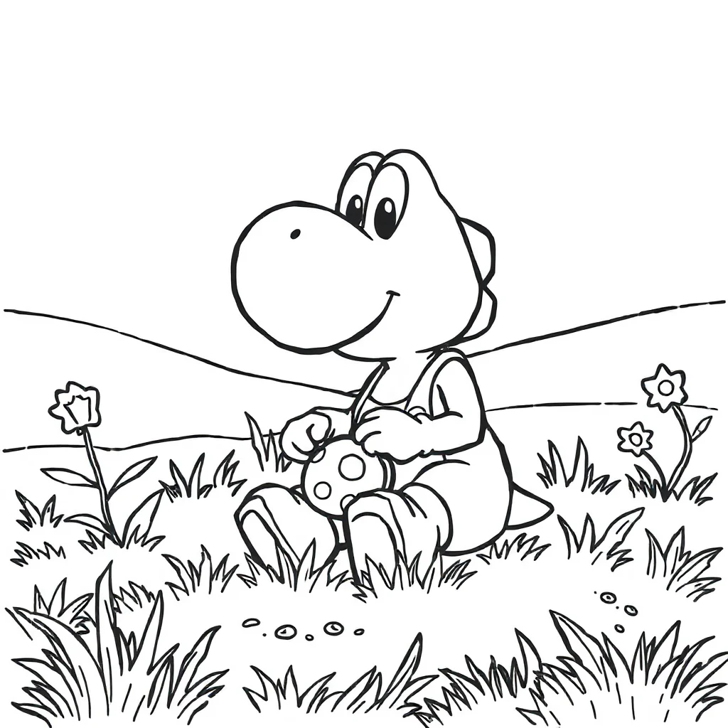 Yoshi yoshi sitting in a meadow baking cookies — classic yoshi coloring page (ages 5–10)