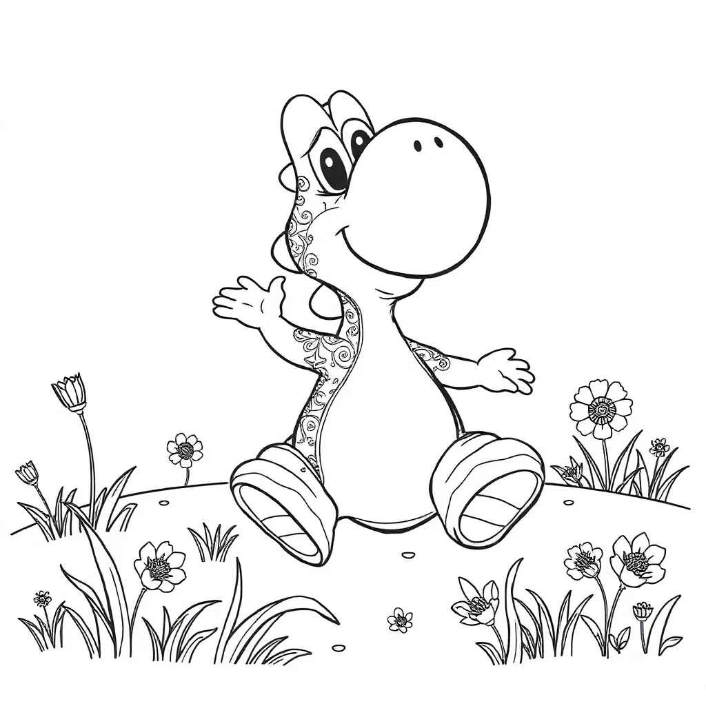 Yoshi yoshi sitting in a meadow dancing — detailed yoshi coloring page (ages 9+ & adults)
