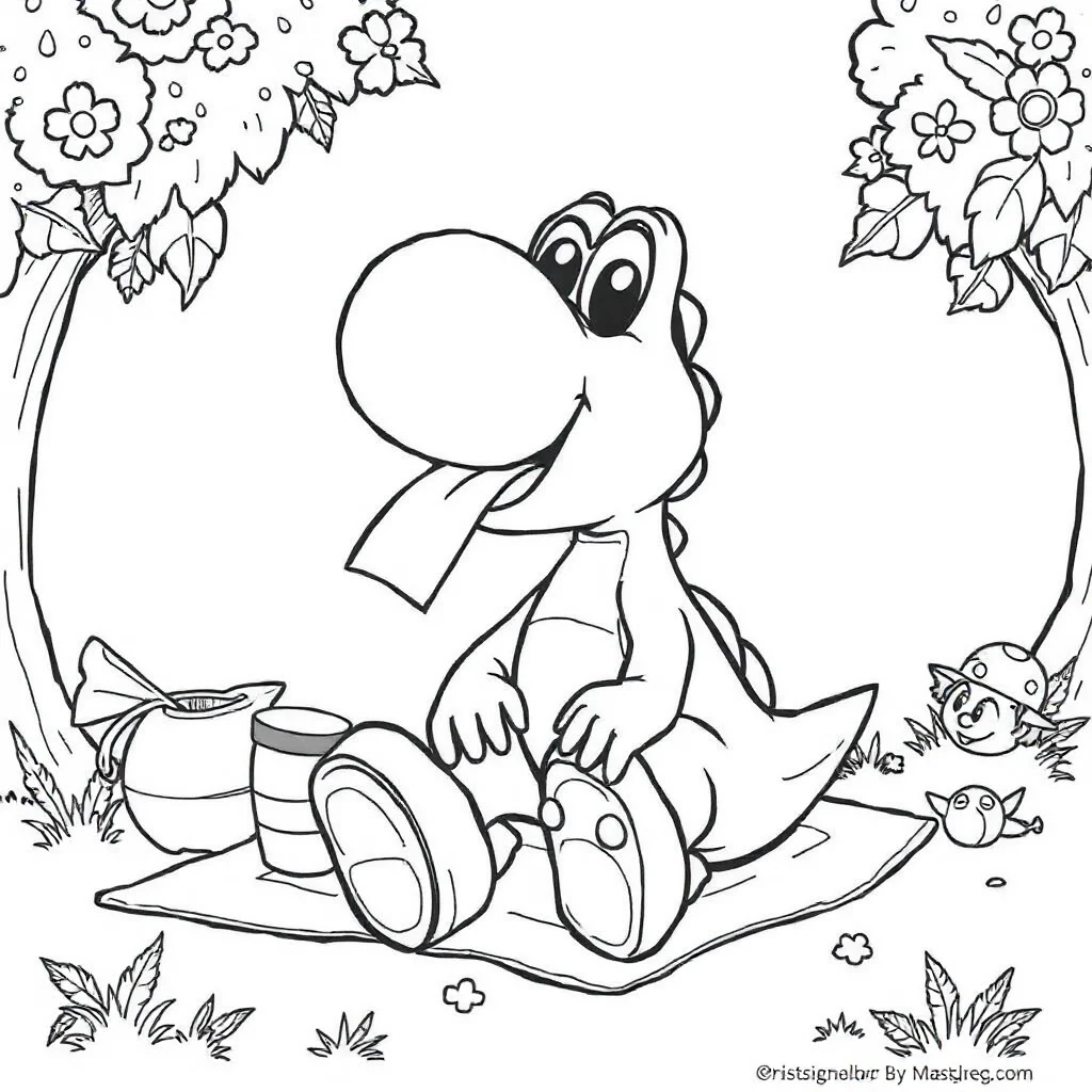 Yoshi yoshi sticking out his tongue having a picnic — classic yoshi coloring page (ages 5–10)