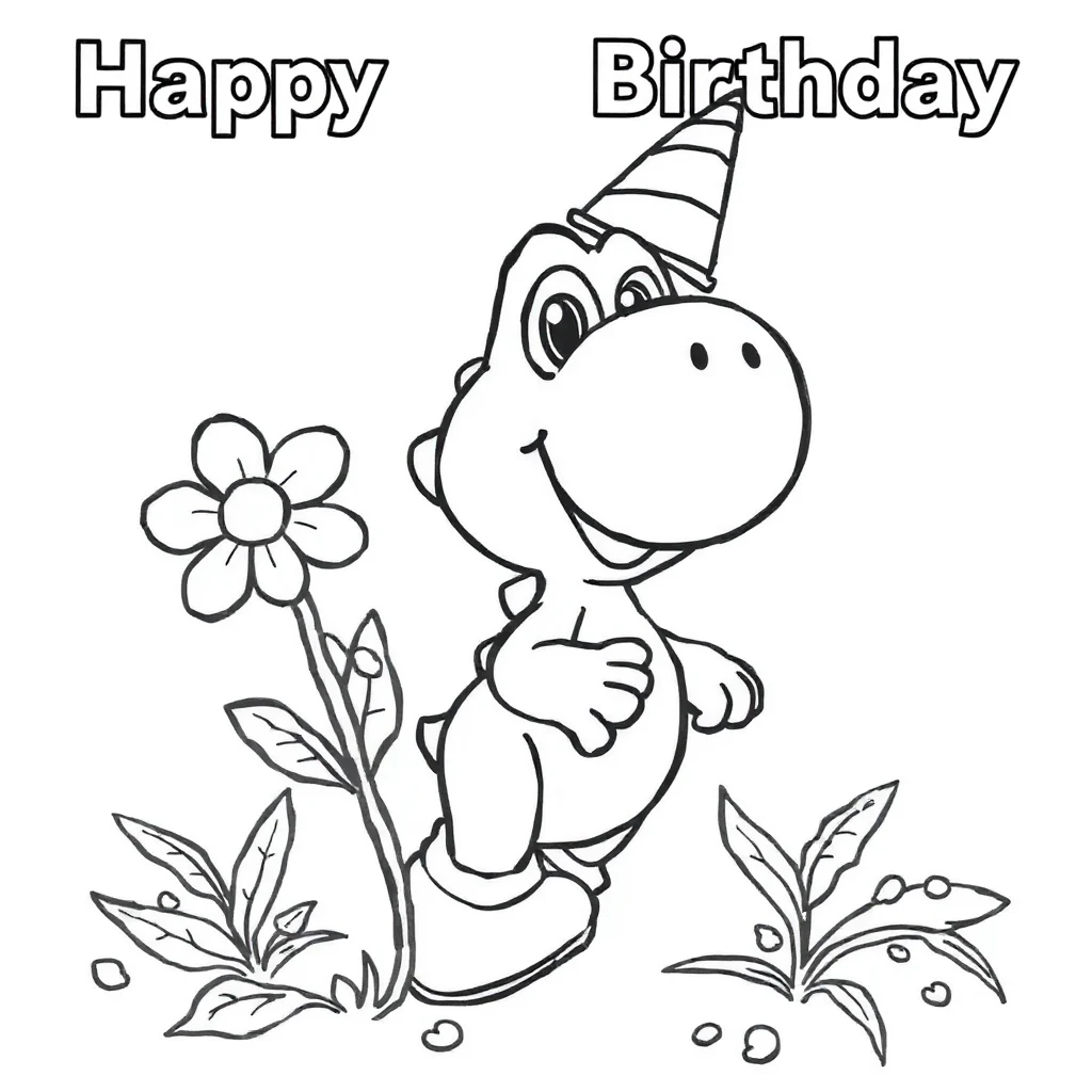 Yoshi yoshi with a flower celebrating a birthday — classic yoshi coloring page (ages 5–10)