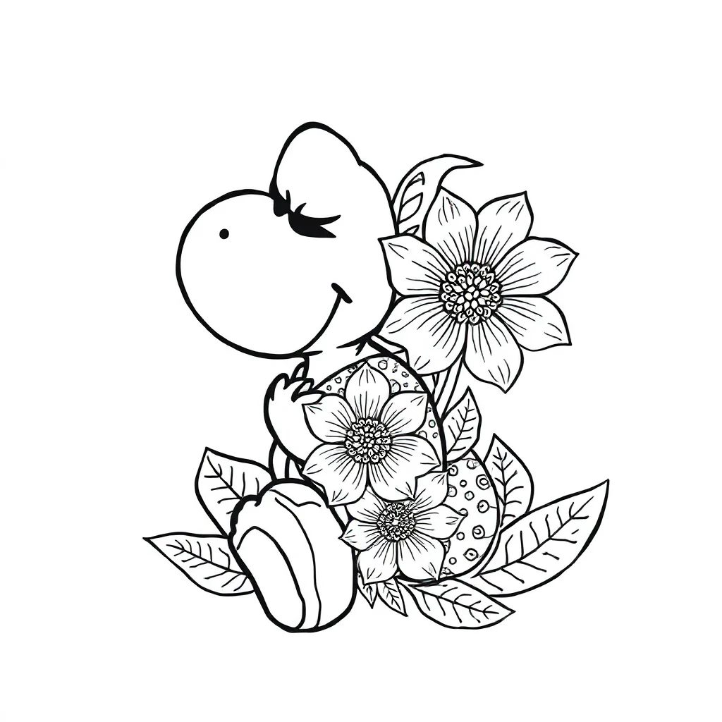 Yoshi yoshi with a flower sleeping curled up — detailed yoshi coloring page (ages 9+ & adults)