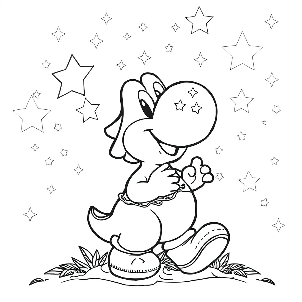 Yoshi yoshi with an egg under the night sky with stars — detailed yoshi coloring page (ages 9+ & adults)