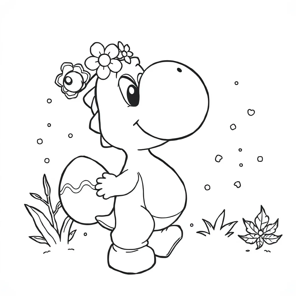 Yoshi yoshi with an egg wearing a flower crown — classic yoshi coloring page (ages 5–10)