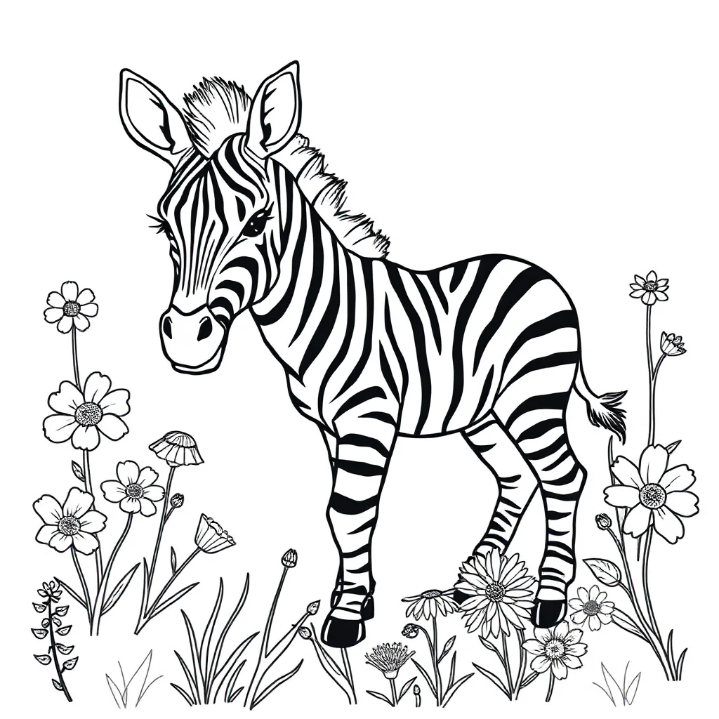 Zebras a baby zebra in a flower garden — classic zebras coloring page (ages 5–10)
