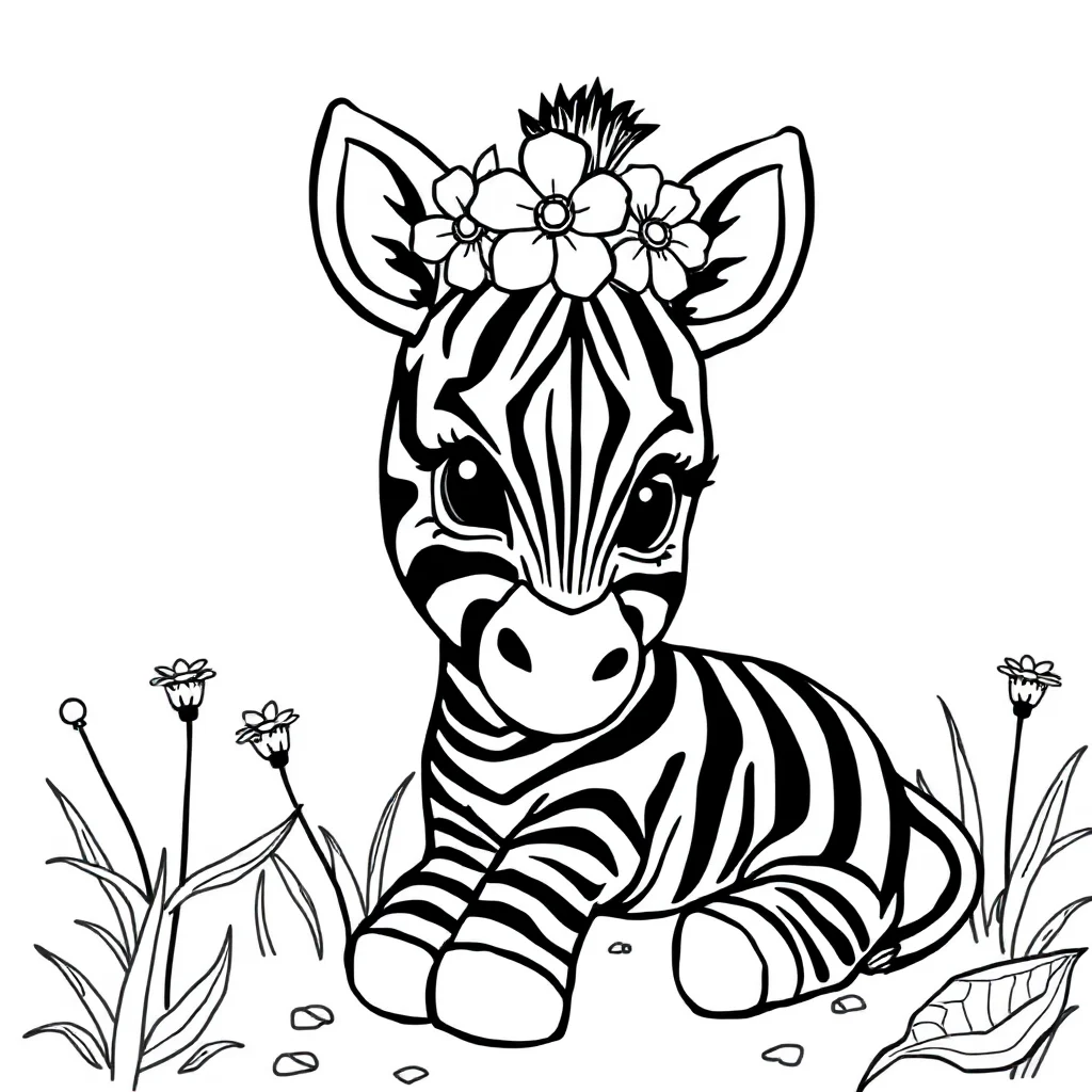 Zebras a baby zebra wearing a flower crown — classic zebras coloring page (ages 5–10)