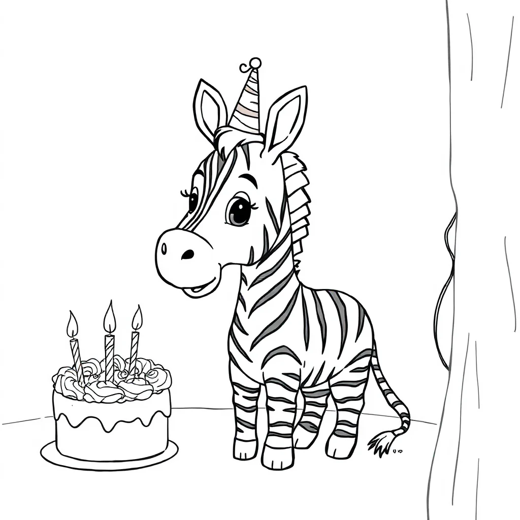 Zebras a cute zebra celebrating a birthday — classic zebras coloring page (ages 5–10)